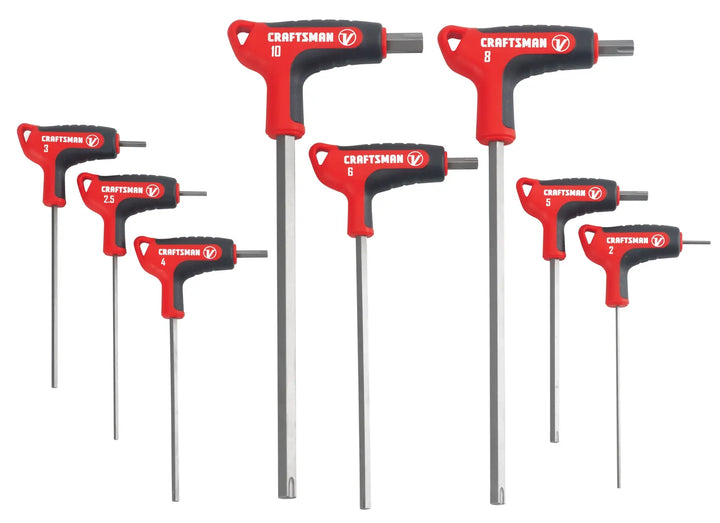 Photo of CRAFTSMAN T-handle hex key set, red and black, 8 pieces, SKU CMHT26161V, front angle.