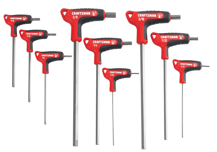 Photo of Craftsman hex key set CMHT26162V with red and black T-handles, front angle, white background.