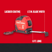 Craftsman CMHT37106G 6 ft red tape measure keychain with lacquer coating and 1/2 in blade width, front angle.