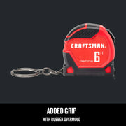 Photo of Craftsman red and black 6 ft keychain tape measure, graphics SKU CMHT37106, front angle.