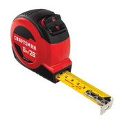 Photo of CRAFTSMAN CMHT37226S tape measure, red and black, 8m/26ft, front angle on white background.