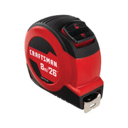 Photo of Craftsman tape measure, 8m/26ft, red and black, SKU CMHT37226S, side angle, white background.