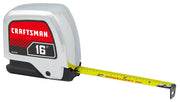 Craftsman tape measure CMHT37356S, 16 ft, silver and red, side angle on white background.