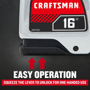 Photo of Craftsman tape measure CMHT37356S, 16 ft, close-up showing lever for easy one-handed operation.