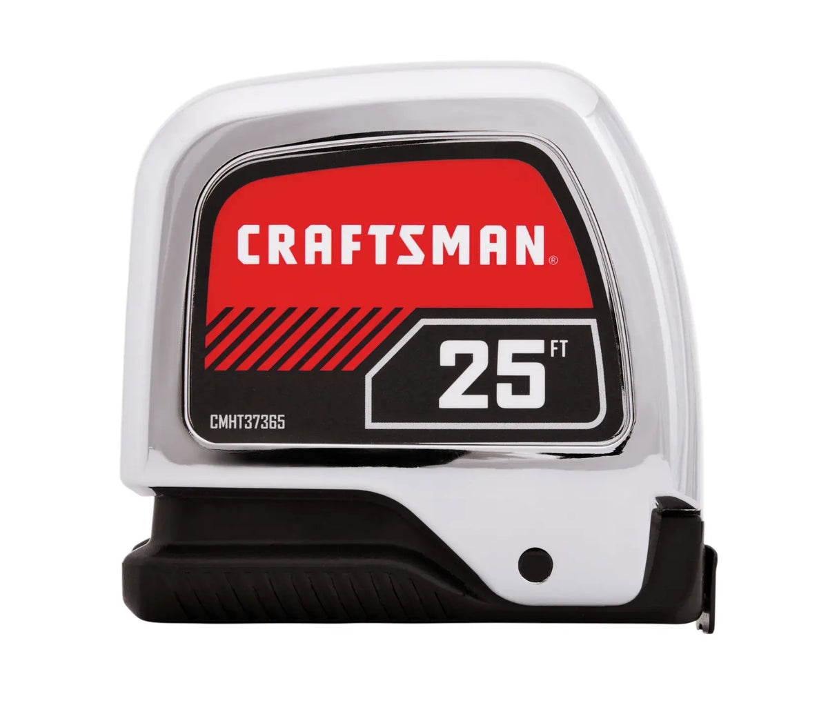Photo of Craftsman 25 ft tape measure, model CMHT37365S, chrome and black case, front angle, white background.