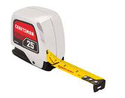 Photo of Craftsman 25 ft tape measure CMHT37365S with yellow blade extended, angled on white background.