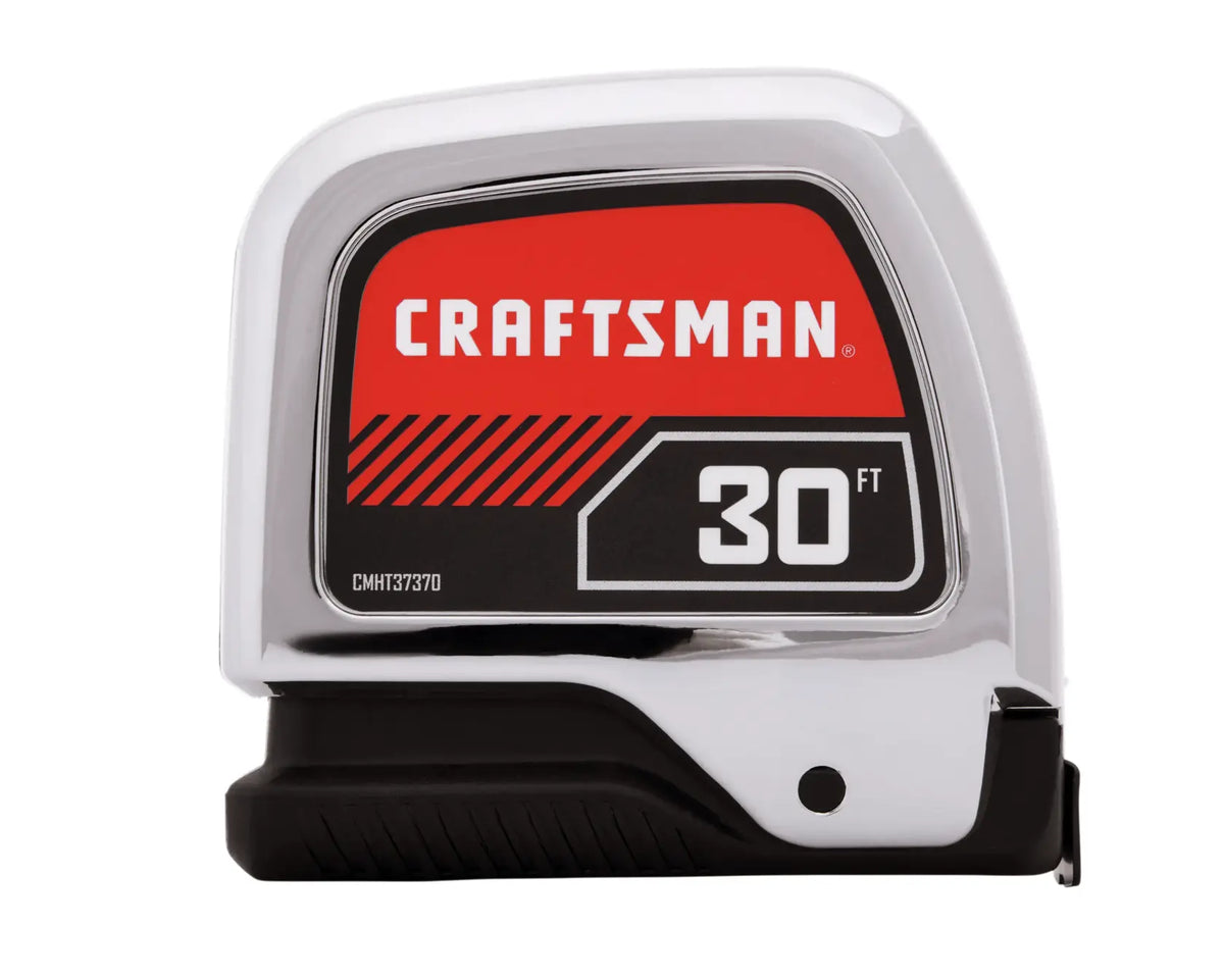 Front angle photo of Craftsman tape measure, 30 ft, silver and black, SKU CMHT37370S.
