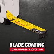 Photo of Craftsman tape measure, SKU CMHT37370S, extended yellow blade with bold markings, angled on dark background.