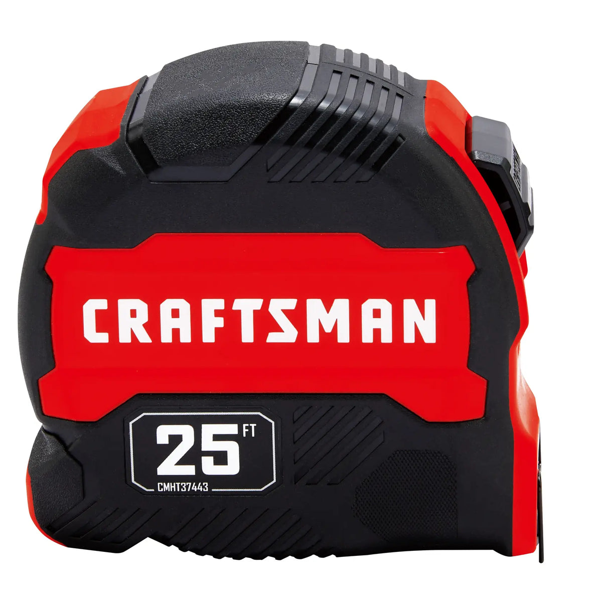 Photo of Craftsman 25 ft tape measure CMHT37443S, black and red, front angle on white background.