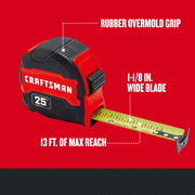 Photo of Craftsman 25 ft tape measure CMHT37443S with rubber overmold grip and 1-1/8 in wide yellow blade.