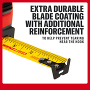 CRAFTSMAN tape measure with extra durable blade coating and reinforced hook to prevent tearing.