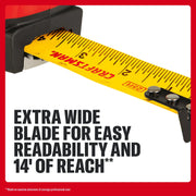 Close-up of CRAFTSMAN tape measure with extra wide yellow blade, showing clear markings.