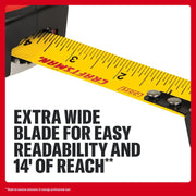 Craftsman tape measure with yellow extra wide blade and clear markings, CMHT37575S, side angle.