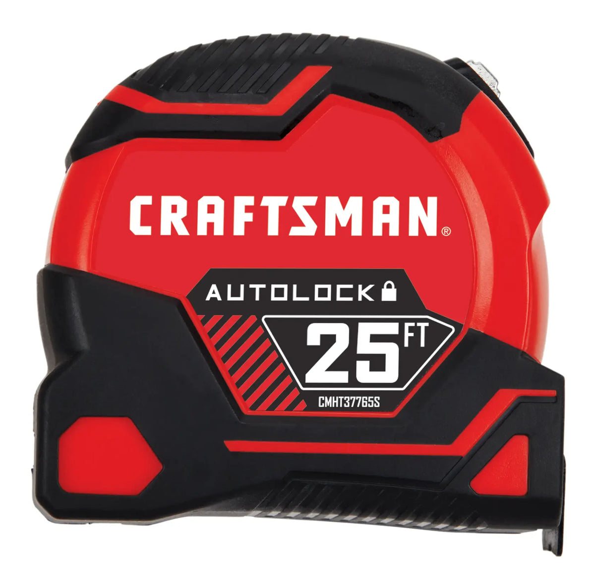Photo of Craftsman autolock 25 ft tape measure, SKU CMHT37765S, front angle on white background.