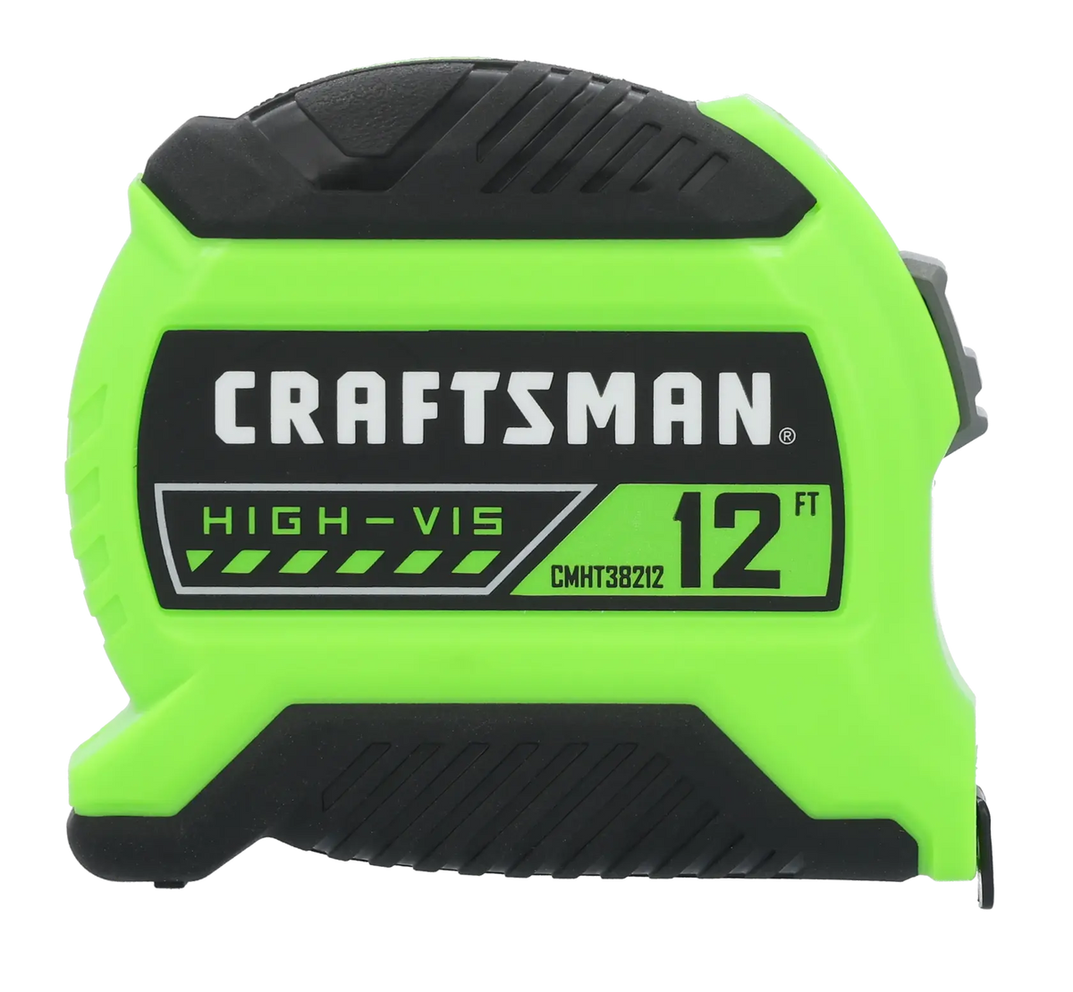 A green and black Craftsman High-Vis 12-foot tape measure, model CMHT38212, shown against a white background.