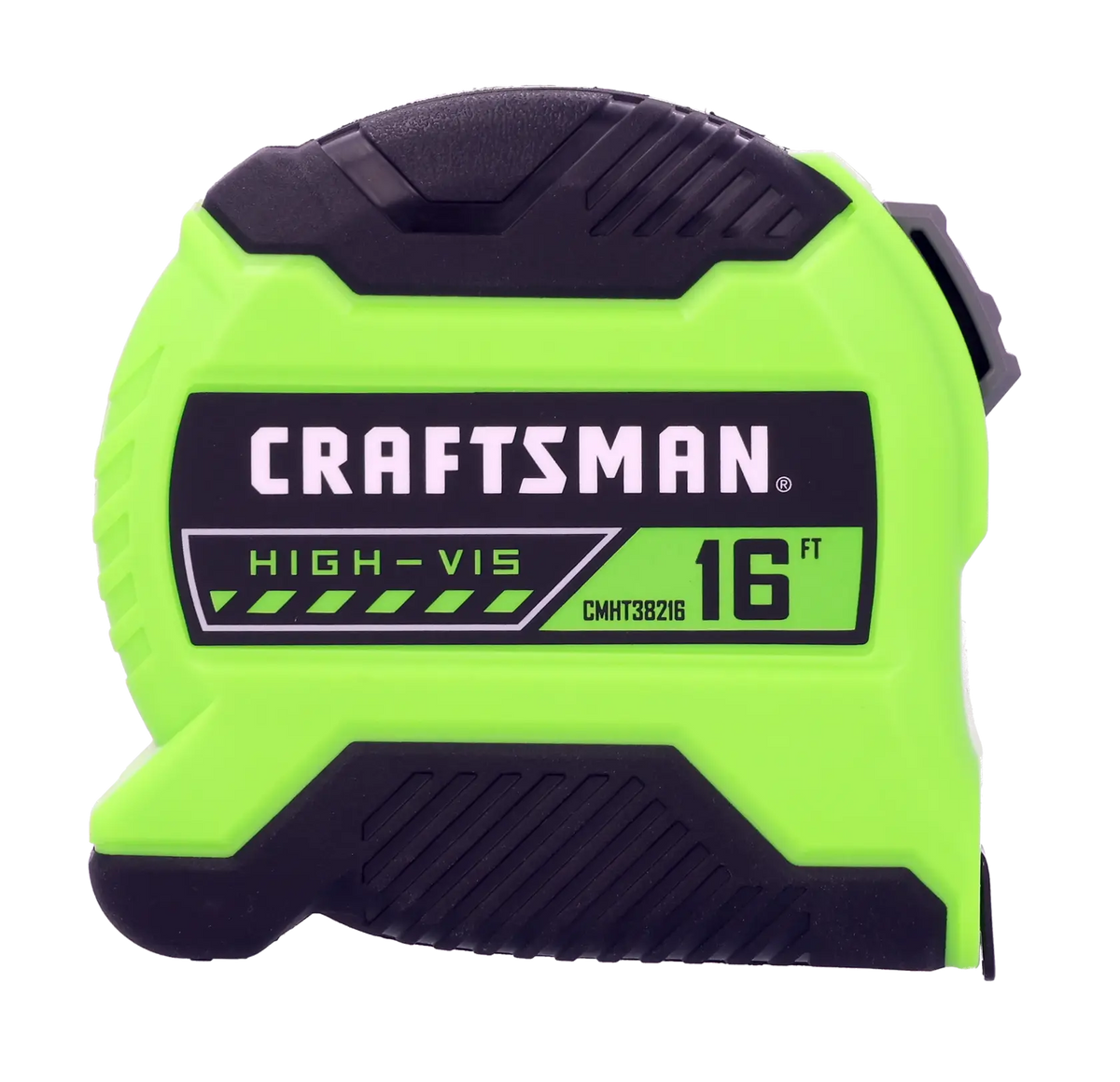 A bright green and black Craftsman tape measure labeled 'High-Vis' and '16 ft', designed for improved visibility and measuring up to 16 feet.