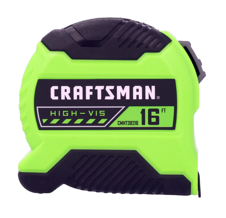A bright green and black Craftsman tape measure labeled 'High-Vis' and '16 ft', designed for improved visibility and measuring up to 16 feet.