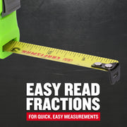 Photo of Craftsman tape measure CMHT38216S, yellow blade with easy-read fractions, front angle.