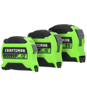Photo of Craftsman tape measures CMHT38333S in high-visibility green with black and gray accents, front angle.