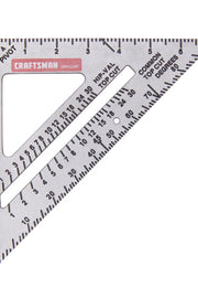Photo of CRAFTSMAN metal speed square with measurement markings, SKU CMHT42790, top-down angle.