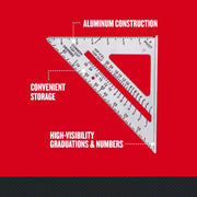 Craftsman aluminum construction speed square with high-visibility markings, SKU CMHT42790, top angle view.