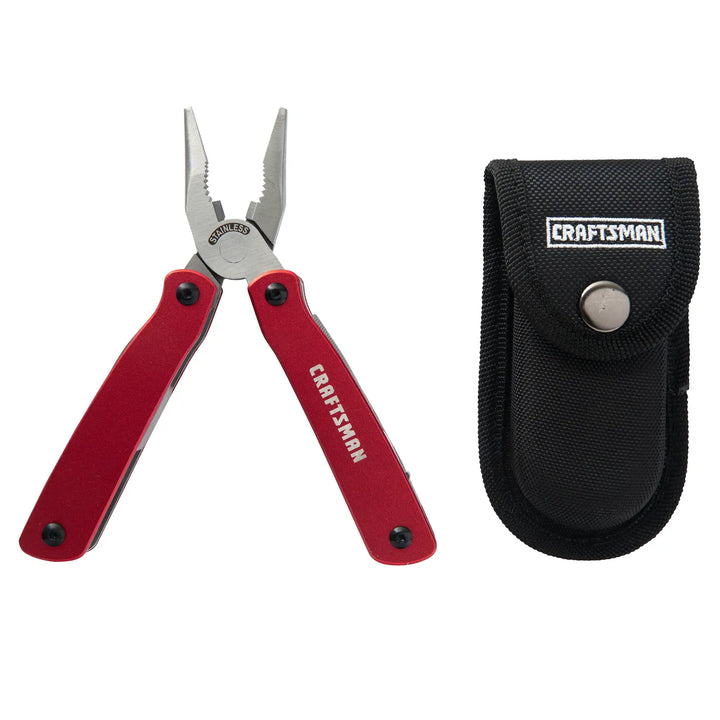 Craftsman CMHT43998 red multi-tool pliers shown open with black carrying pouch, front angle, white background.