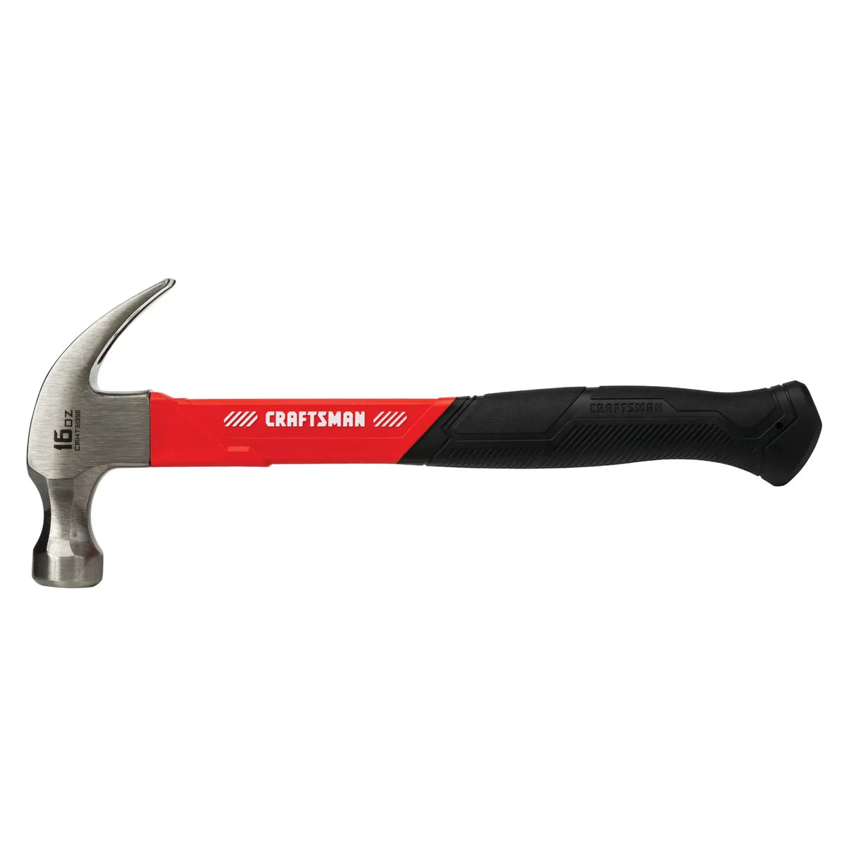 Photo of Craftsman claw hammer CMHT51398 with red and black handle, side view on white background.