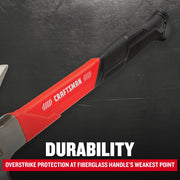 Photo of Craftsman fiberglass handle hammer CMHT51398 with red and black grip, partial view against dark background.