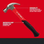 Photo of CRAFTSMAN claw hammer CMHT51398, red handle with black overmold grip, 16oz, shown side angle.
