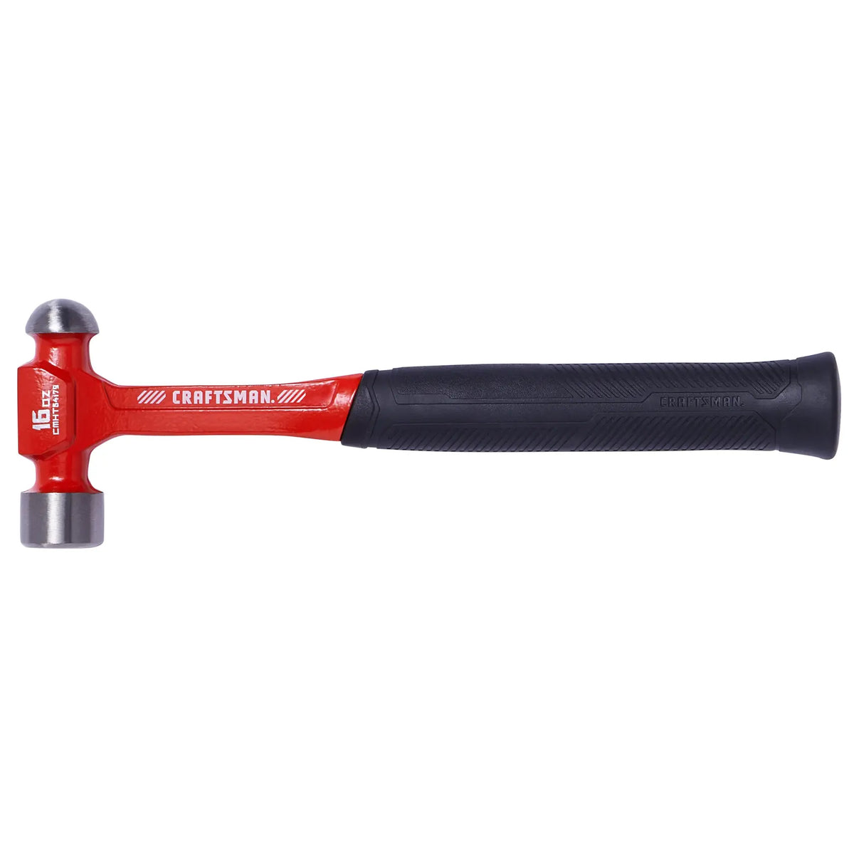 Photo of Craftsman ball peen hammer CMHT54179, red and black handle, side angle, white background.