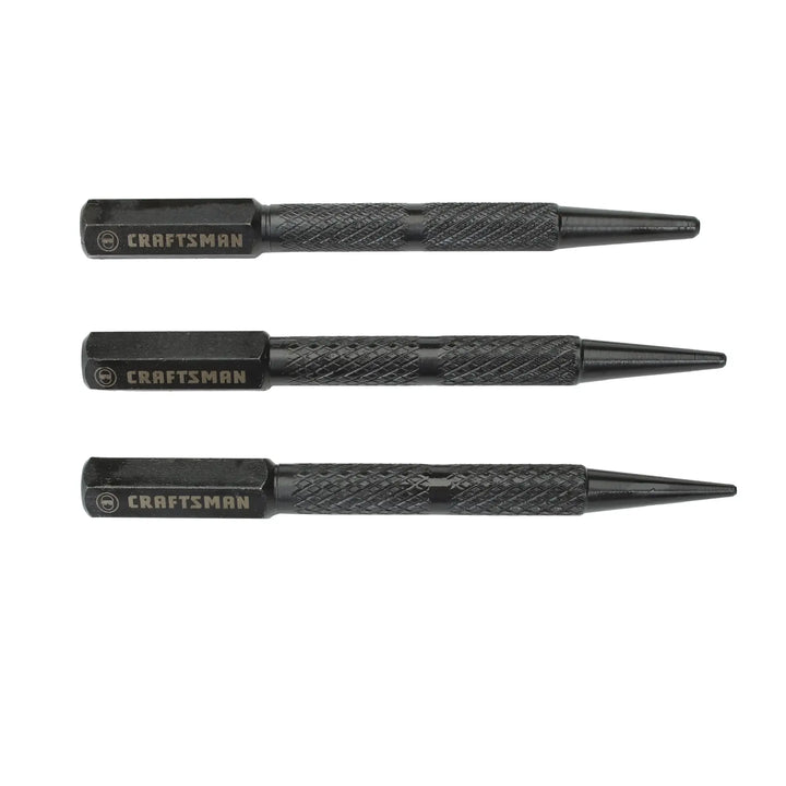Photo of Craftsman CMHT58116 black steel punch set, three pieces, side angle, textured handles.