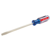 Craftsman flathead screwdriver with clear blue and red handle, CMHT65015, side angle, white background.