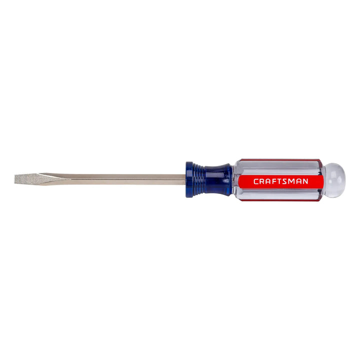 Photo of CRAFTSMAN CMHT65021 flathead screwdriver, clear and blue handle with red CRAFTSMAN label, side angle.