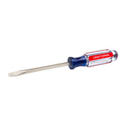 Photo of CRAFTSMAN flathead screwdriver CMHT65021 with clear blue handle and red logo, side angle on white background.