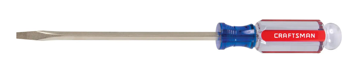 Photo of Craftsman CMHT65023 flathead screwdriver with clear and red handle, side angle, white background.