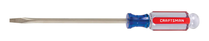 Photo of Craftsman CMHT65023 flathead screwdriver with clear and red handle, side angle, white background.