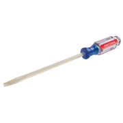 Photo of Craftsman flathead screwdriver CMHT65023 with clear blue and red handle, angled on white background.