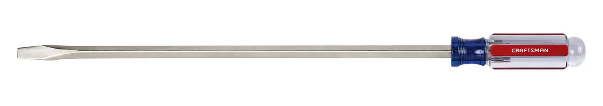 Photo of Craftsman CMHT65028 flathead screwdriver with long metal shaft and red, blue, and clear handle, side angle.
