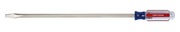 Photo of Craftsman CMHT65028 flathead screwdriver with long metal shaft and red, blue, and clear handle, side angle.