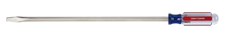 Photo of Craftsman CMHT65028 flathead screwdriver with long metal shaft and red, blue, and clear handle, side angle.