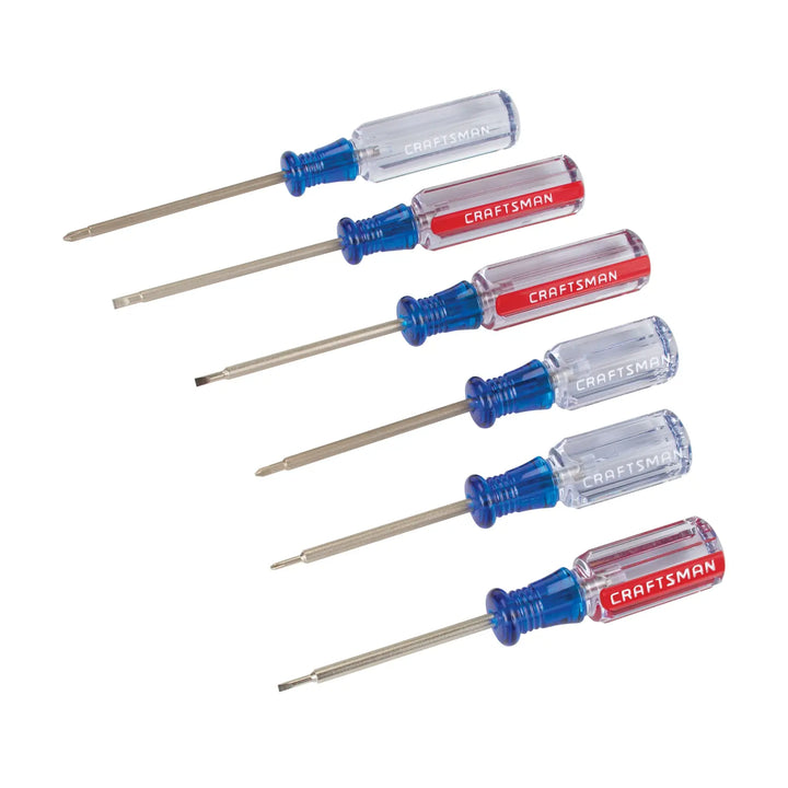 Photo of Craftsman screwdriver set CMHT65043 with six blue and red handle screwdrivers, front angle, white background.