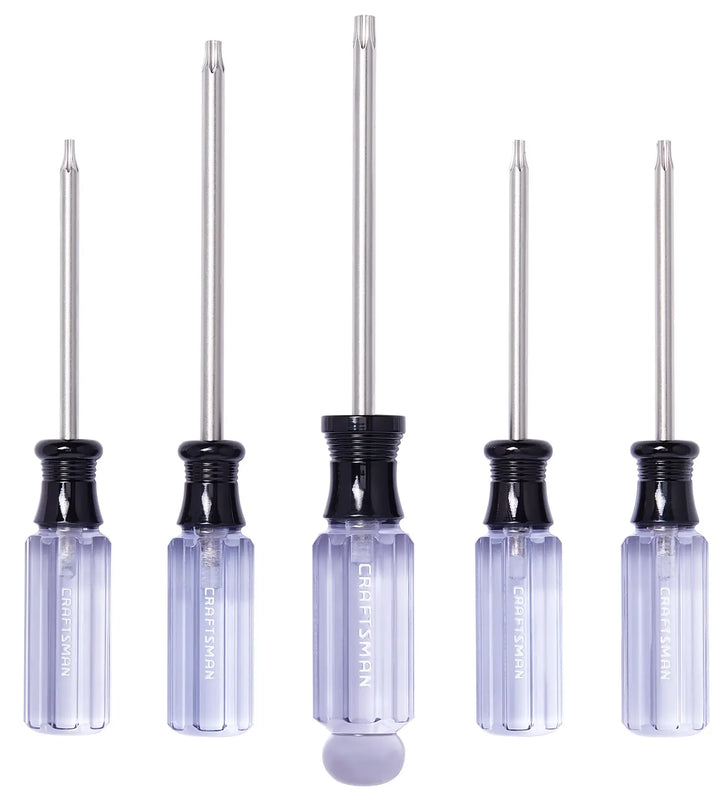 Photo of CRAFTSMAN CMHT65051 Torx screwdriver set with clear handles, five pieces, front view on white background.
