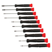Photo of Craftsman CMHT65070 precision screwdriver set, 12 pieces with black handles and red tips, flat lay.