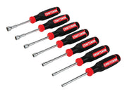 Photo of Craftsman CMHT65081 nut driver set, seven black and red tools on white background, angled view.
