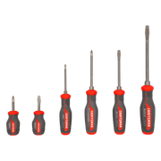 A set of six Craftsman screwdrivers with gray and red handles, including three flathead and three Phillips head screwdrivers, arranged in order of increasing size from left to right.