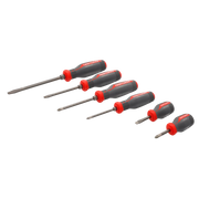 A set of six Craftsman screwdrivers with red and black handles, arranged in a row on a white background. The set includes both flathead and Phillips head screwdrivers in various sizes.