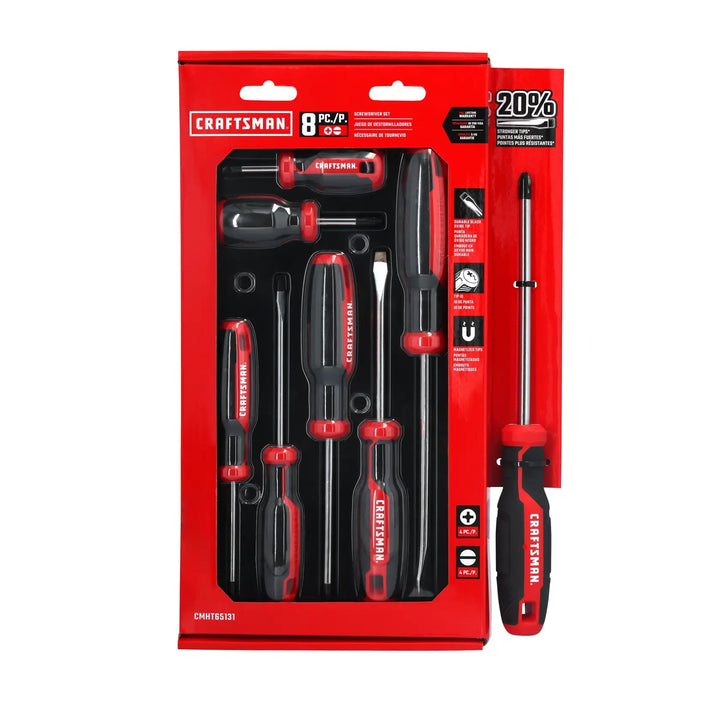 Photo of Craftsman CMHT65131 screwdriver set, eight pieces with black and red handles, front angle on white.