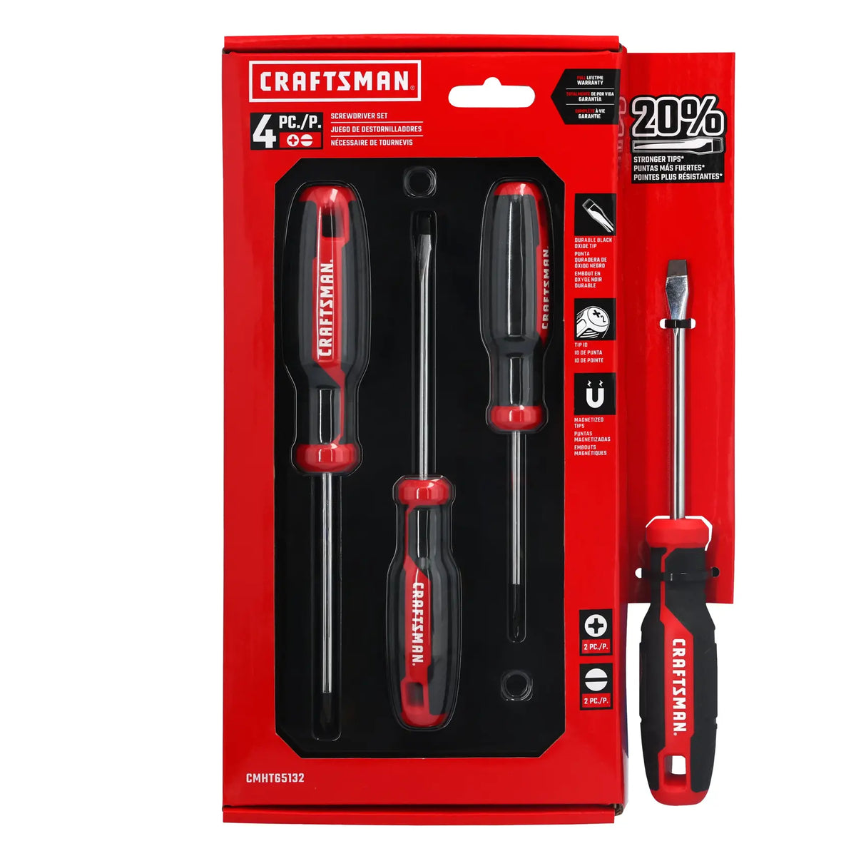 Craftsman screwdriver set CMHT65132 with black and red handles, front angle on white background.