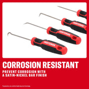 Four CRAFTSMAN pick tools with black and red handles and satin-nickel finish, labeled corrosion resistant.