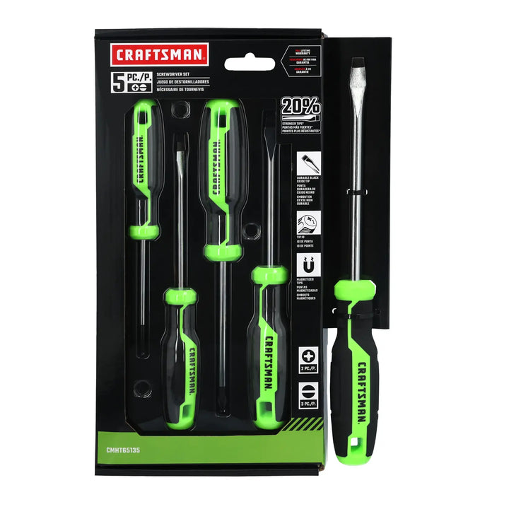 Craftsman CMHT65135 screwdriver set with green and black handles, front view, five pieces on white background.